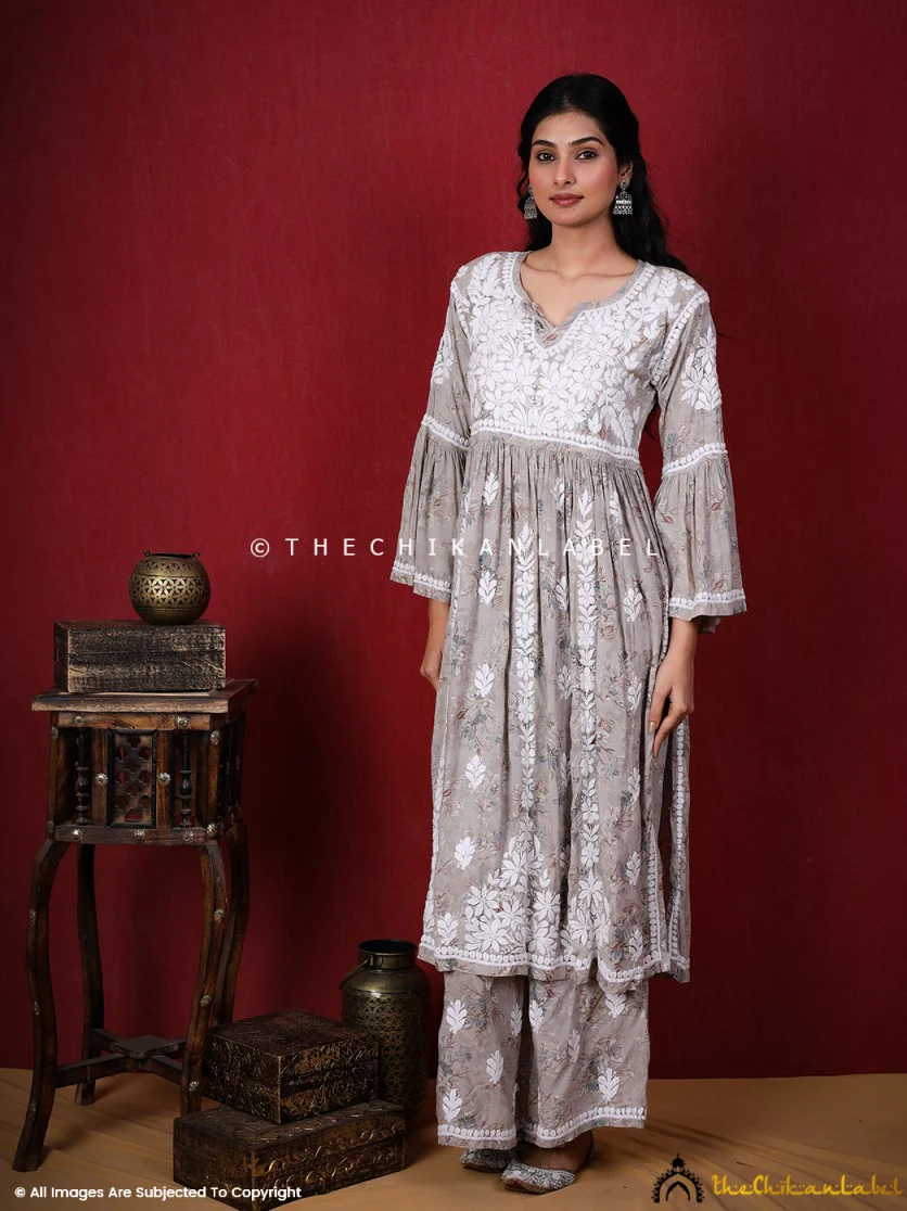 Eliza Modal Chikankari Kurta Set-Grey - Image 5