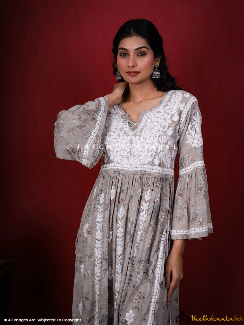 Eliza Modal Chikankari Kurta Set-Grey - Image 6