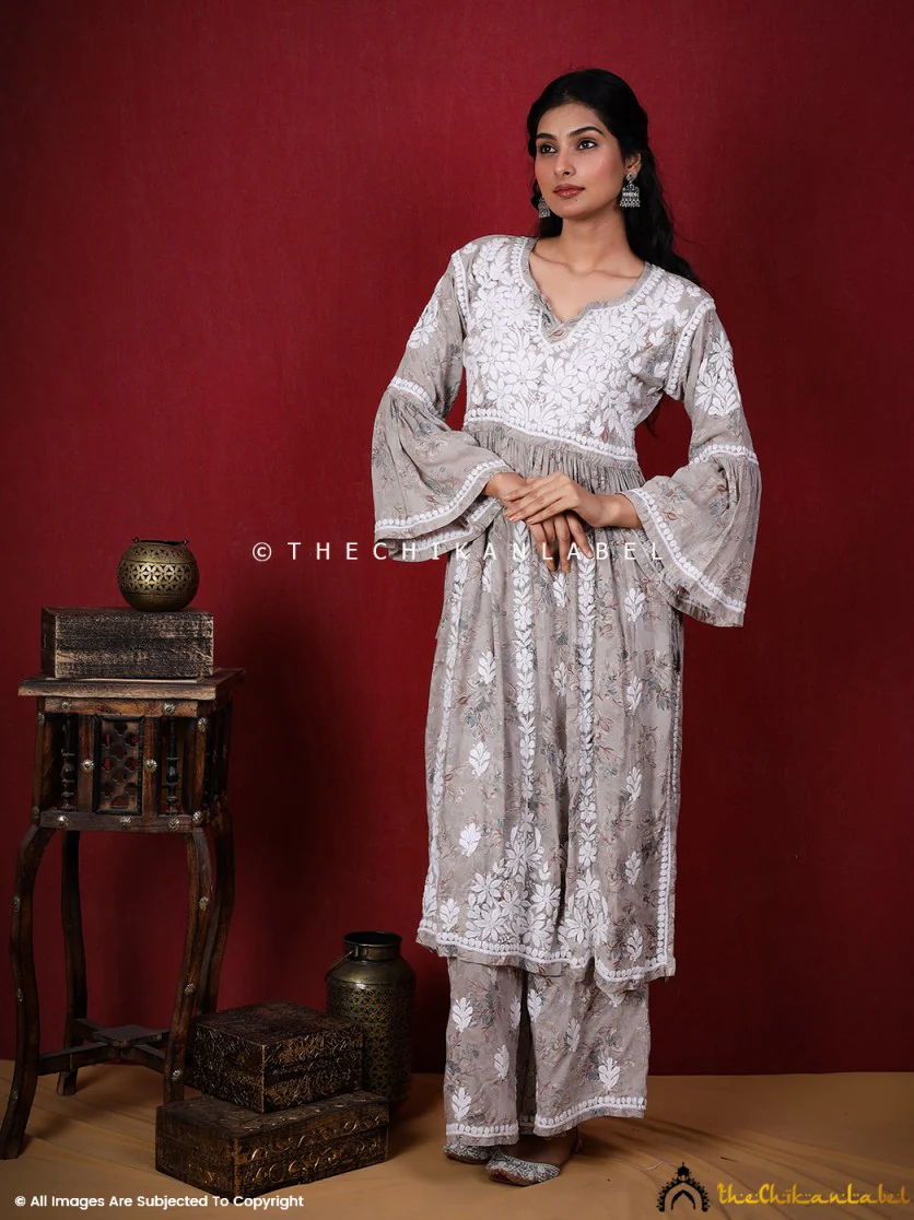 Eliza Modal Chikankari Kurta Set-Grey - Image 8