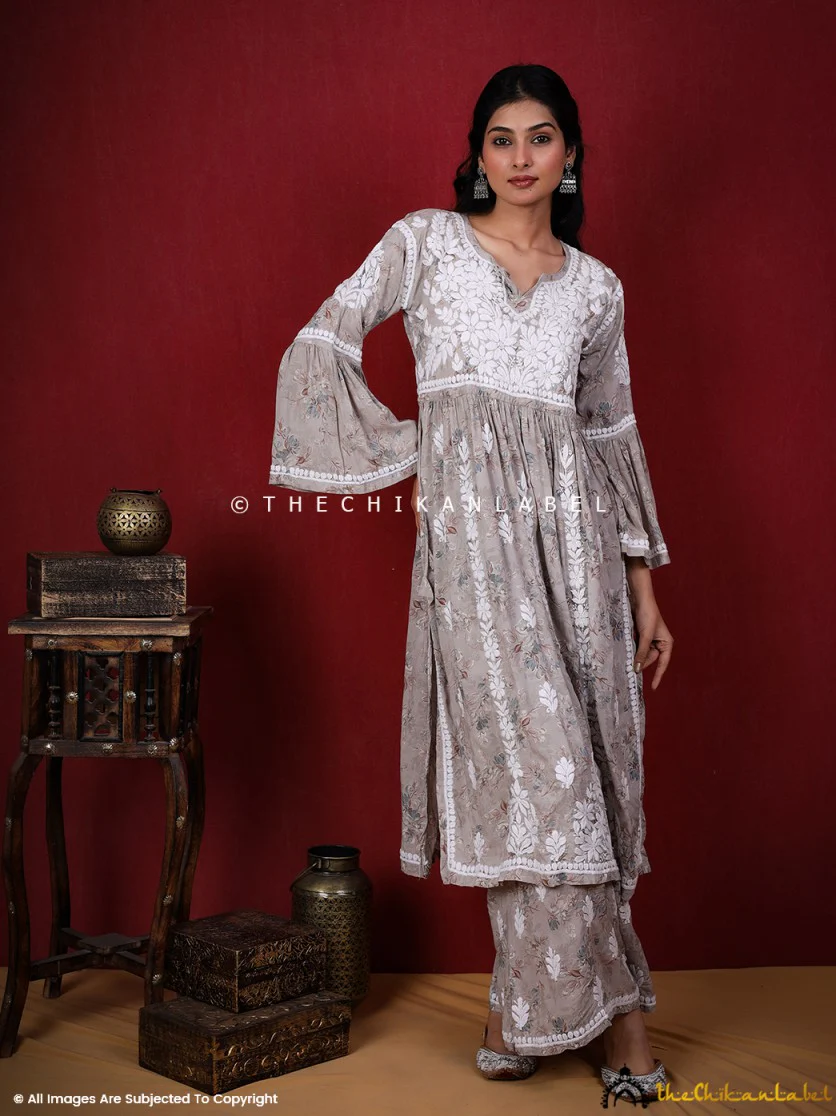 Eliza Modal Chikankari Kurta Set-Grey - Image 9