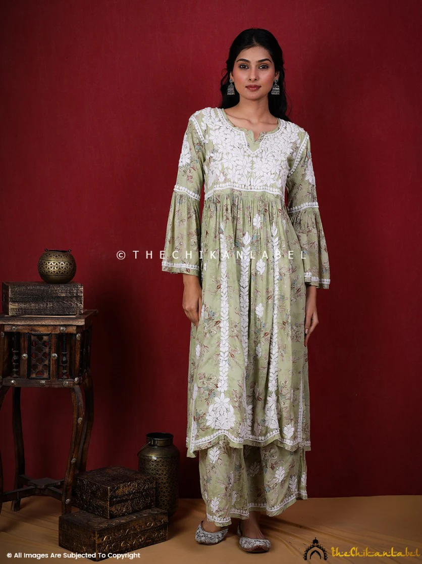 Eliza Modal Chikankari Kurta Set- Pista Green - Image 5
