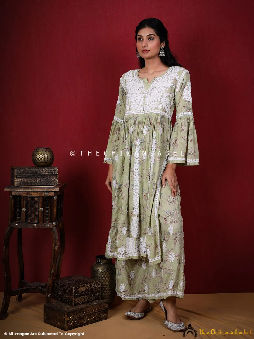 Eliza Modal Chikankari Kurta Set- Pista Green - Image 8