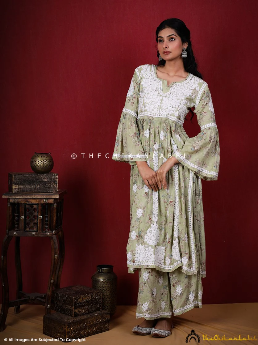 Eliza Modal Chikankari Kurta Set- Pista Green - Image 9