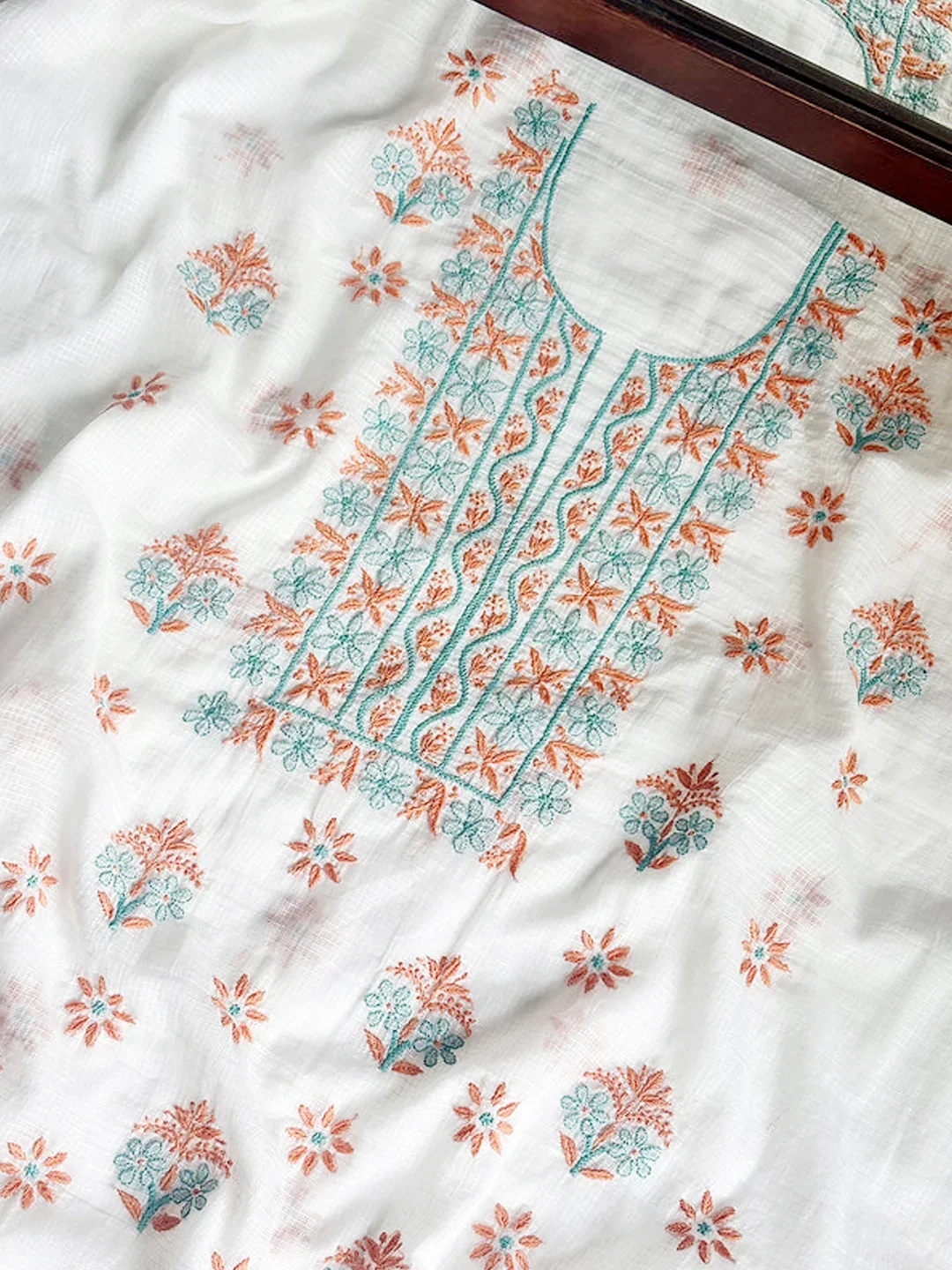 Eshani Kota Cotton Chikankari Un-stitched Kurti Piece with Dupatta - Coral - Image 2