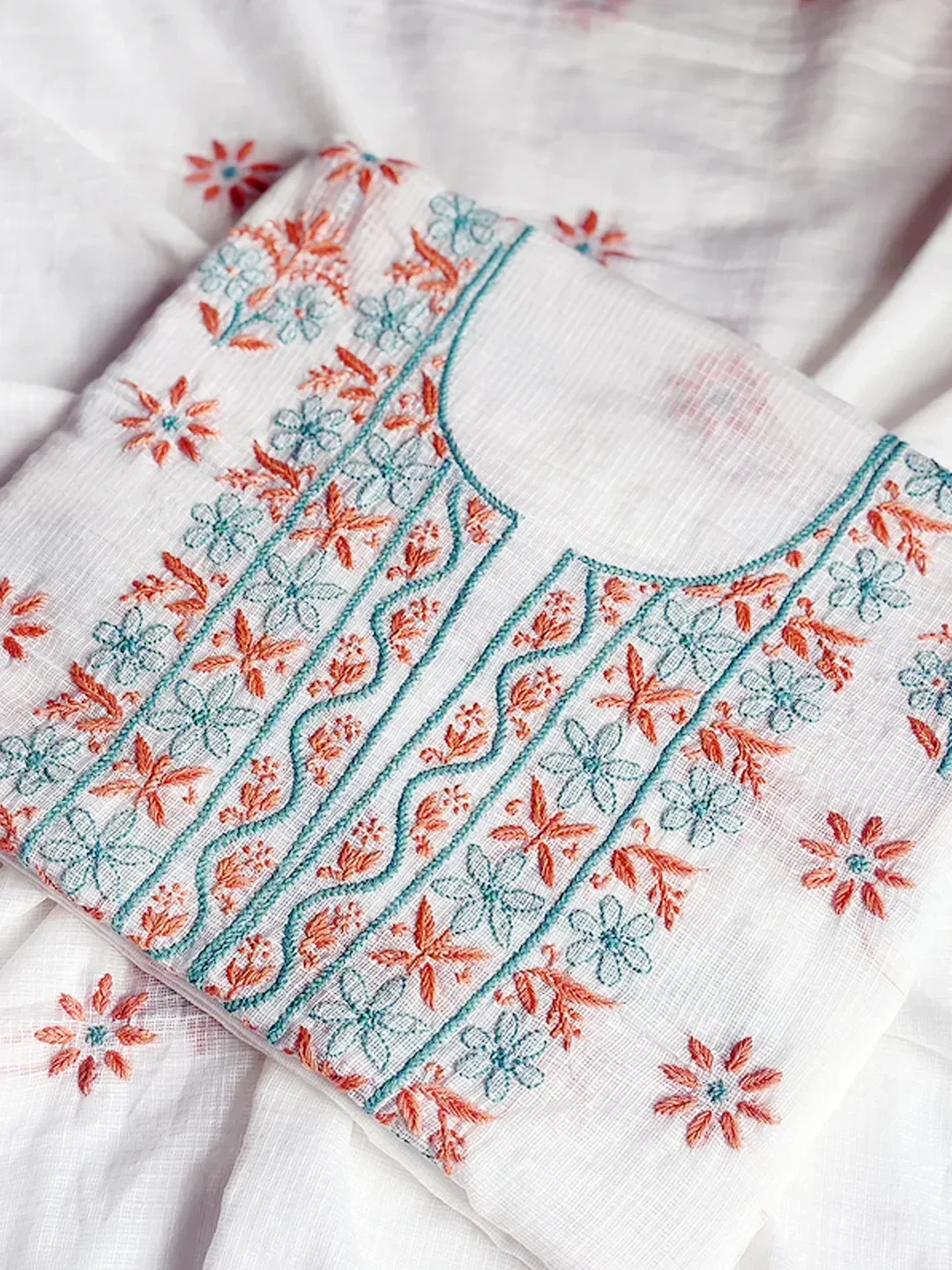 Eshani Kota Cotton Chikankari Un-stitched Kurti Piece with Dupatta - Coral - Image 3