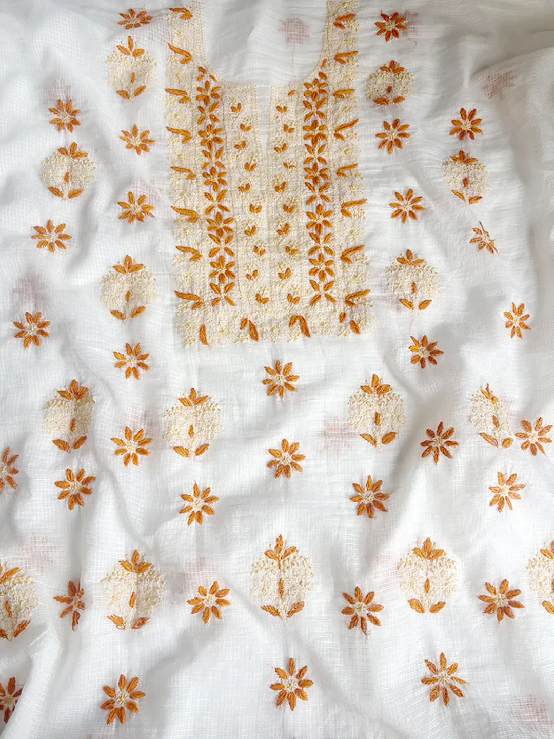 Eshani Kota Cotton Chikankari Un-stitched Kurti Piece with Dupatta - Orange - Image 2