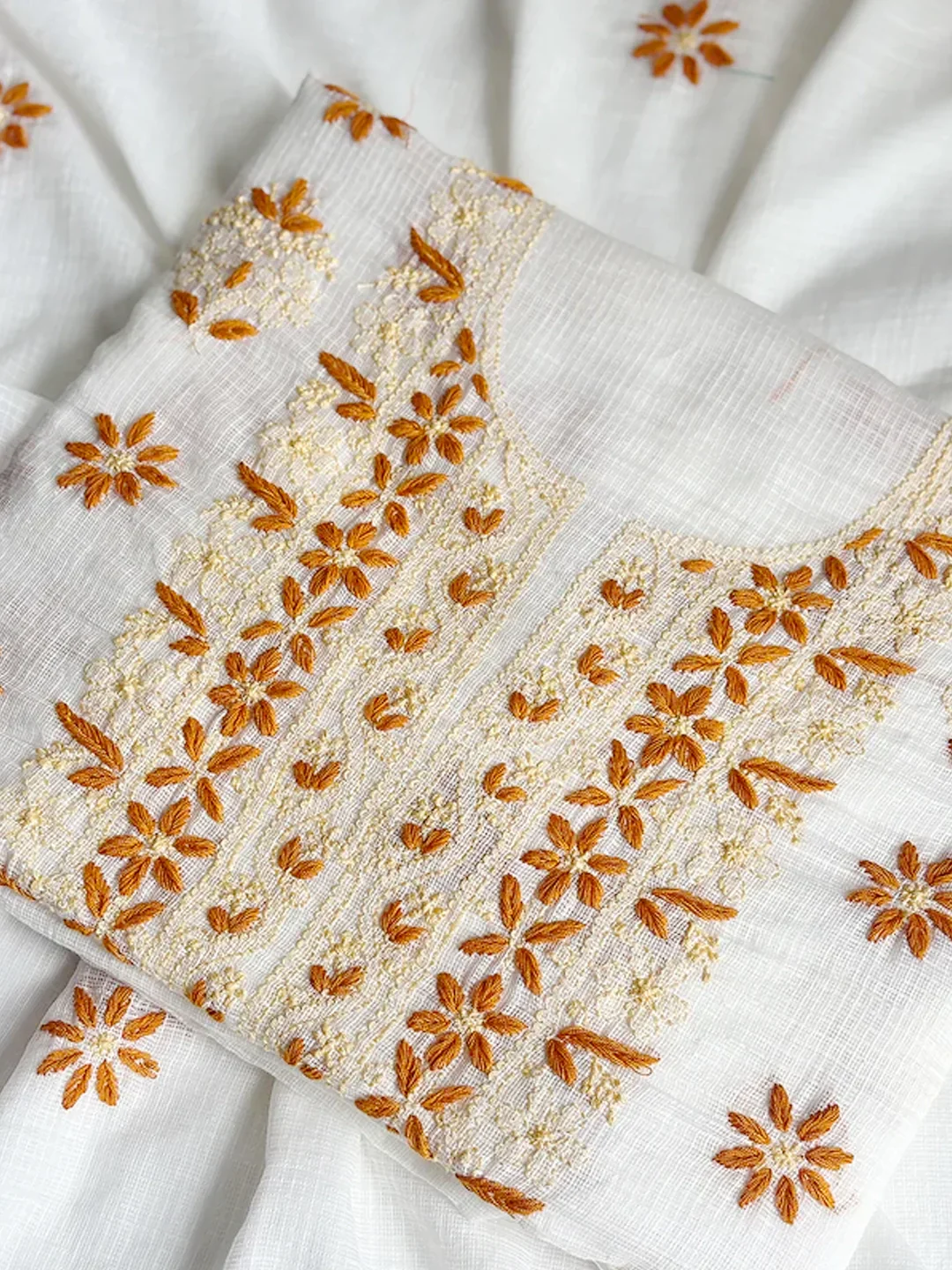 Eshani Kota Cotton Chikankari Un-stitched Kurti Piece with Dupatta - Orange - Image 3