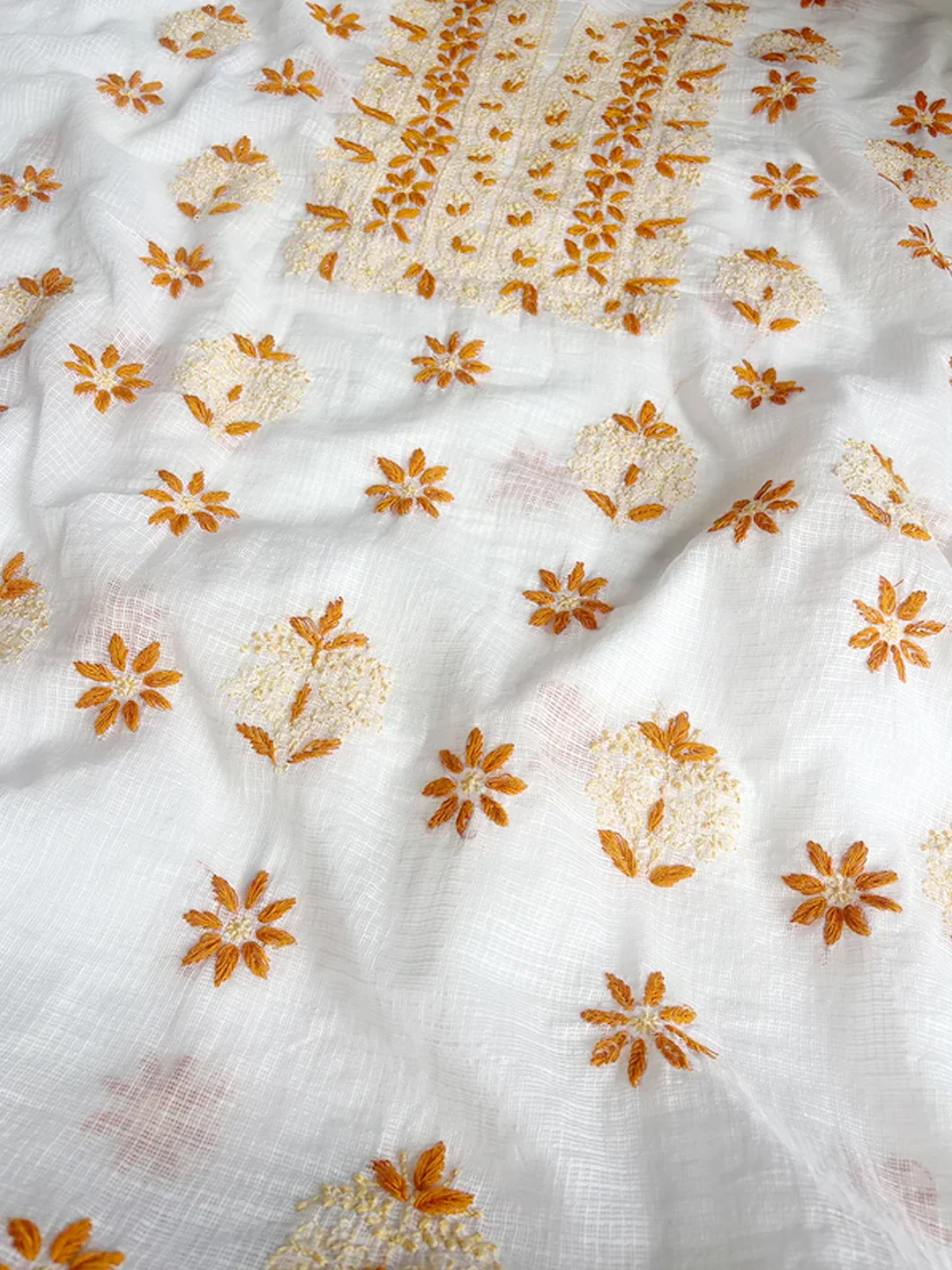 Eshani Kota Cotton Chikankari Un-stitched Kurti Piece with Dupatta - Orange - Image 4