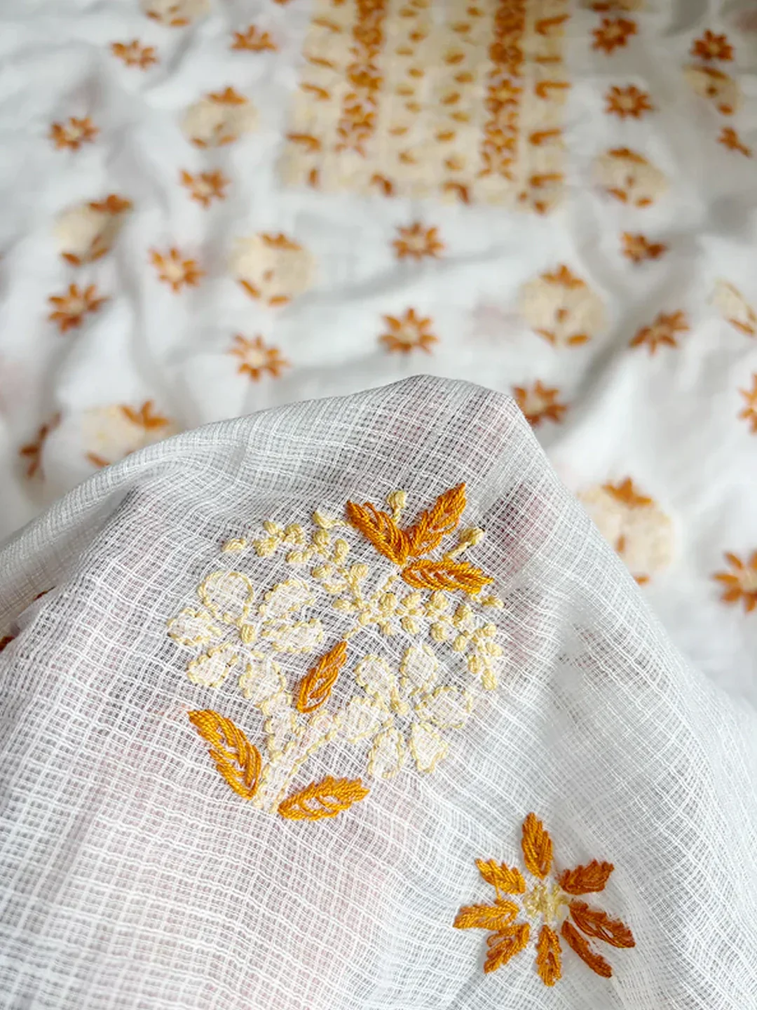 Eshani Kota Cotton Chikankari Un-stitched Kurti Piece with Dupatta - Orange - Image 5