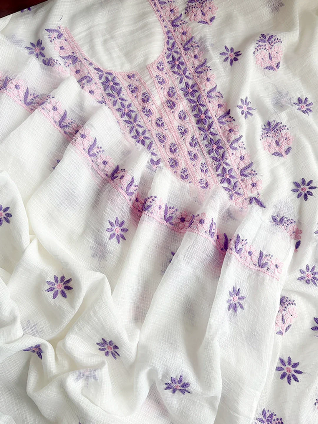 Eshani Kota Cotton Chikankari Un-stitched Kurti Piece with Dupatta - Purple - Image 2