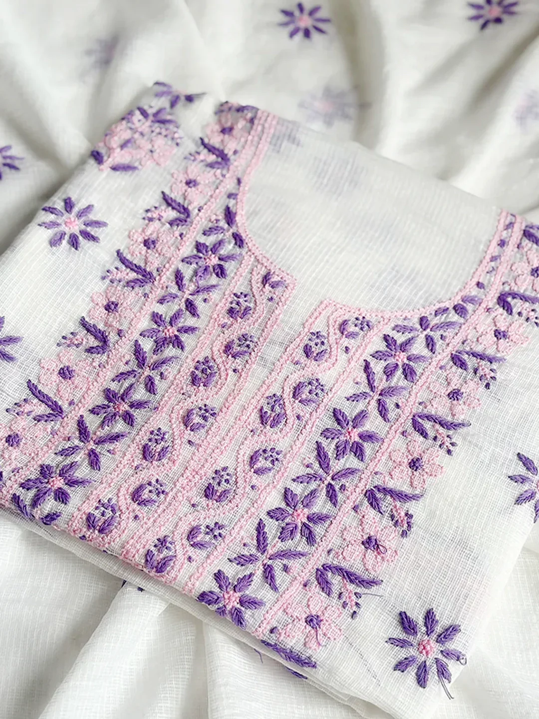 Eshani Kota Cotton Chikankari Un-stitched Kurti Piece with Dupatta - Purple - Image 3