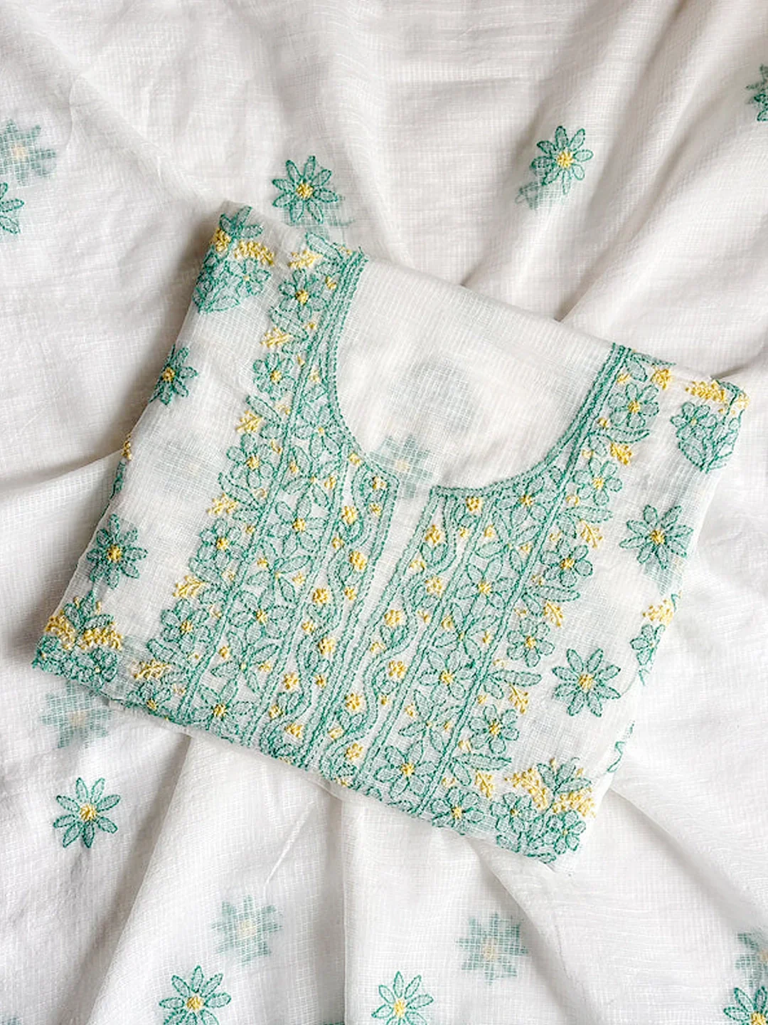 Eshani Kota Cotton Chikankari Un-stitched Kurti Piece with Dupatta - Sea Green