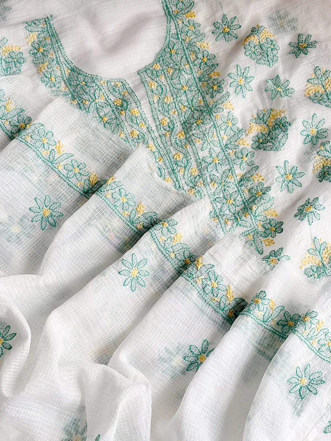 Eshani Kota Cotton Chikankari Un-stitched Kurti Piece with Dupatta - Sea Green - Image 2
