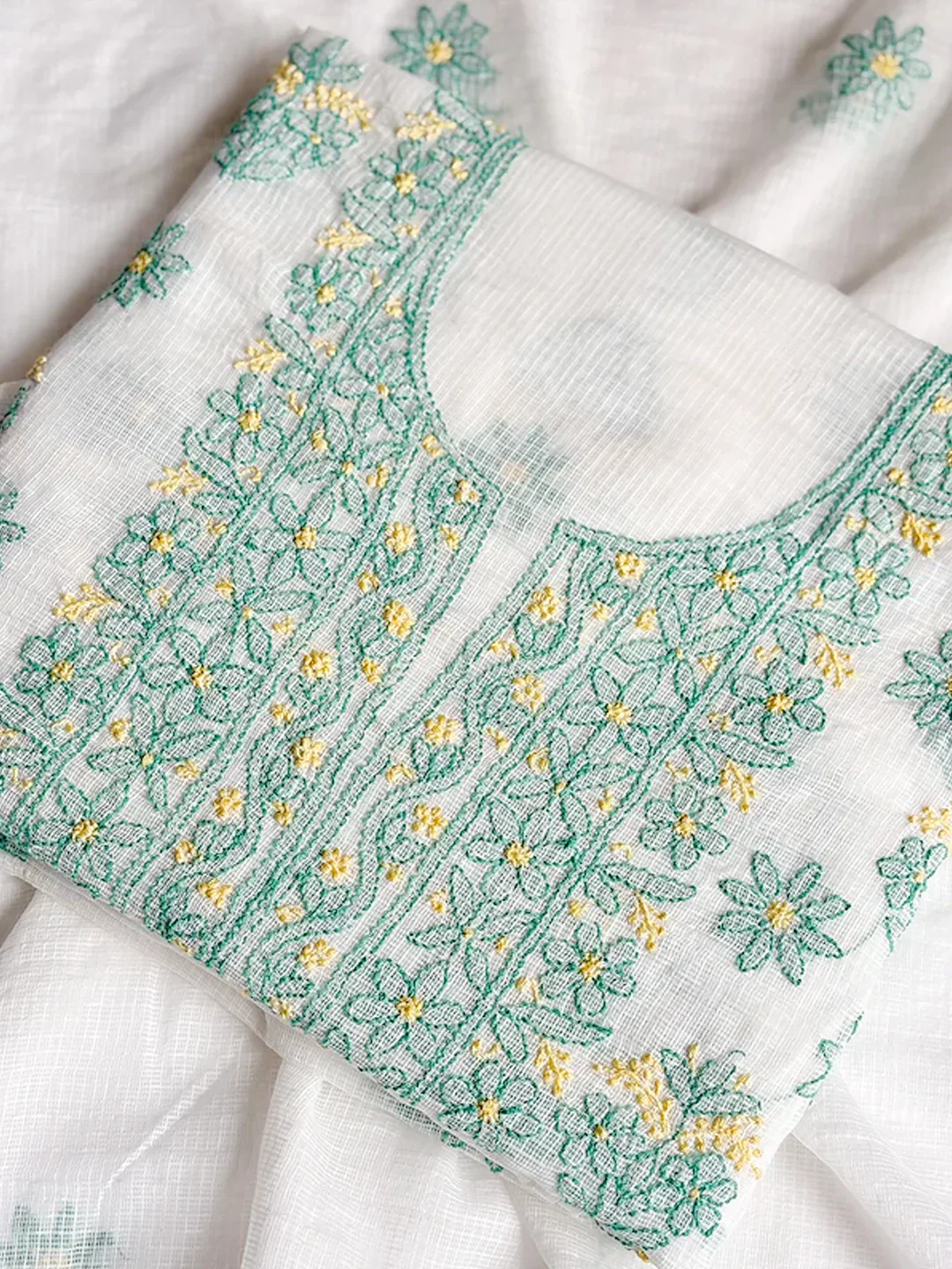 Eshani Kota Cotton Chikankari Un-stitched Kurti Piece with Dupatta - Sea Green - Image 3