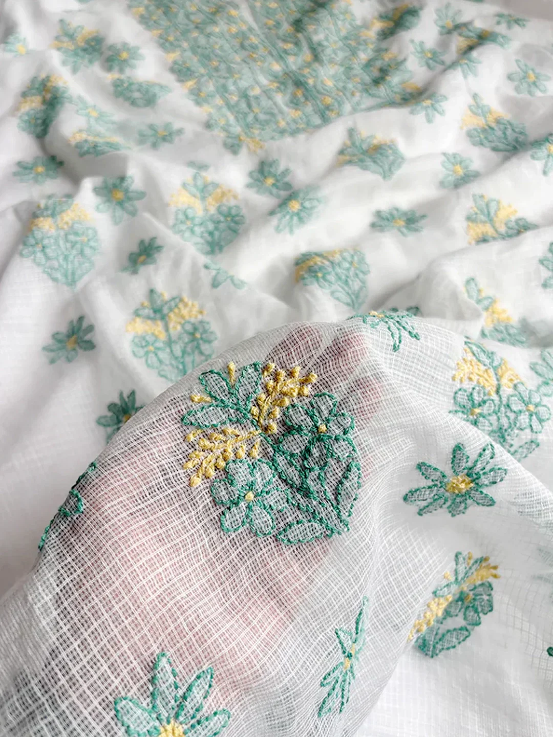 Eshani Kota Cotton Chikankari Un-stitched Kurti Piece with Dupatta - Sea Green - Image 4