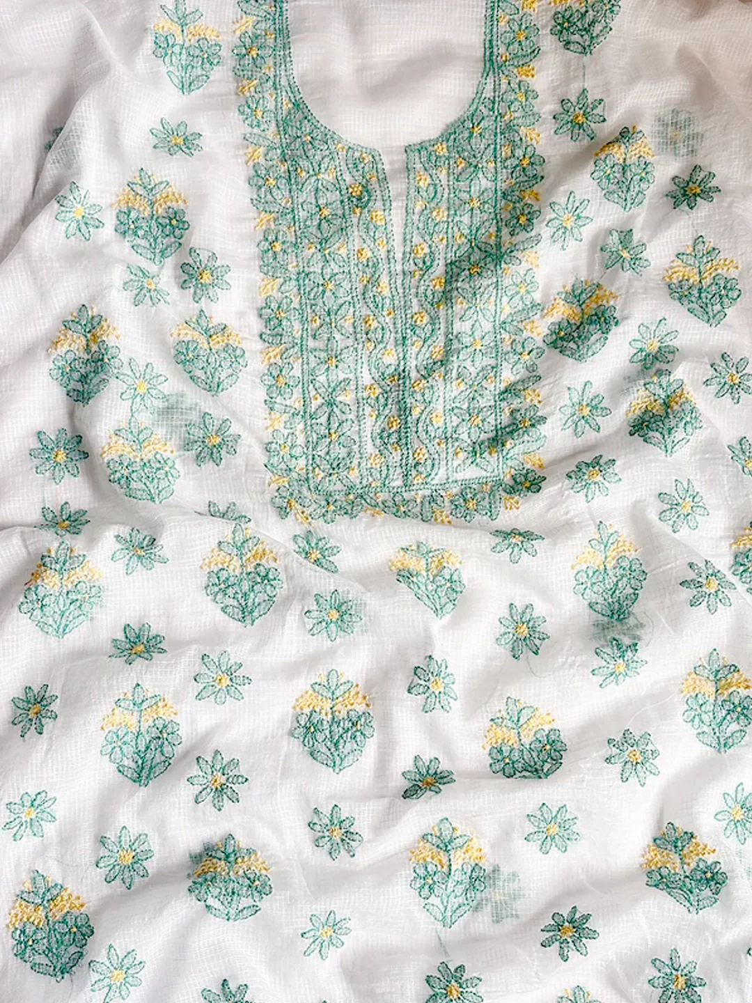 Eshani Kota Cotton Chikankari Un-stitched Kurti Piece with Dupatta - Sea Green - Image 5