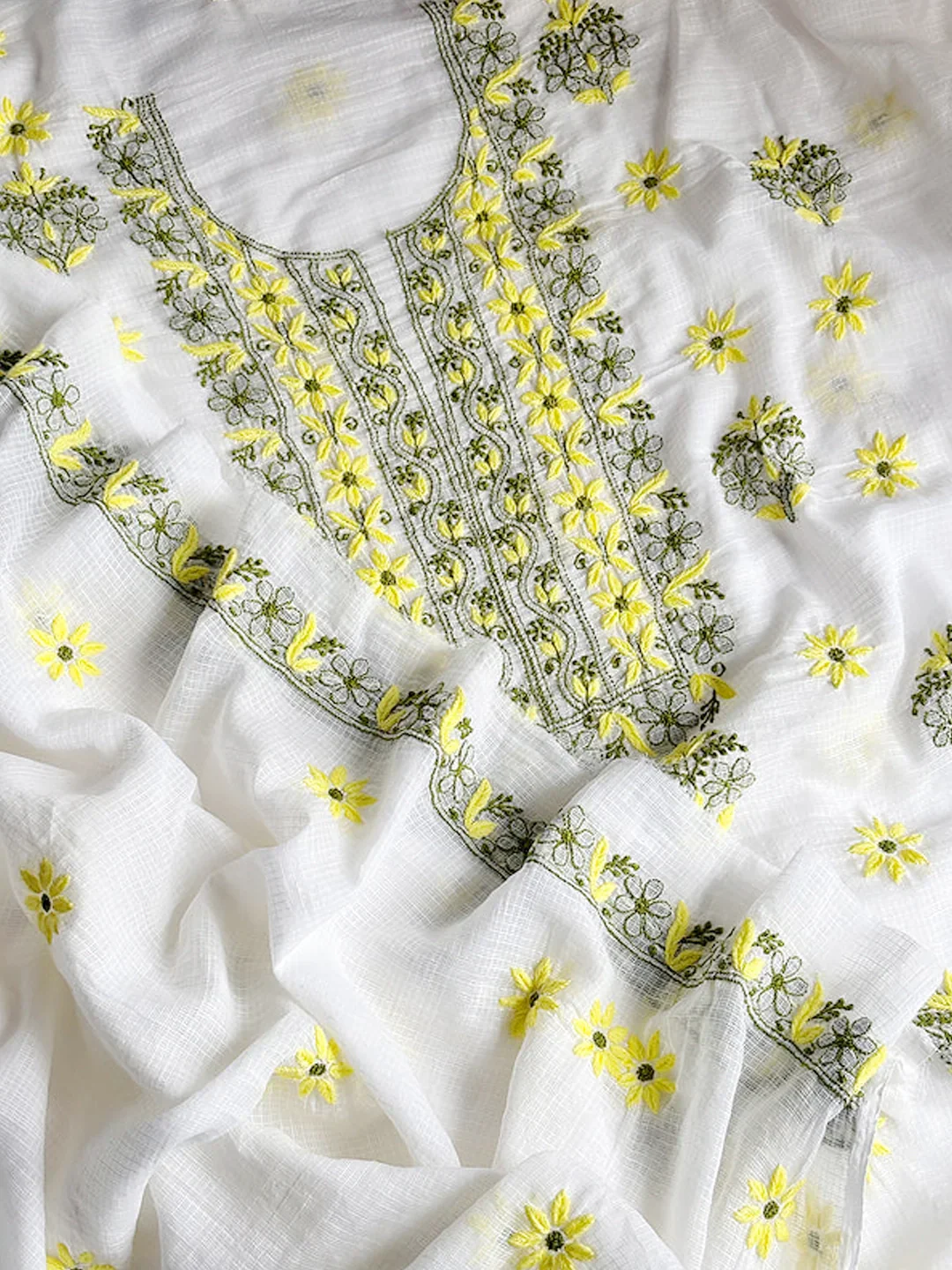 Eshani Kota Cotton Chikankari Un-stitched Kurti Piece with Dupatta - Yellow - Image 2