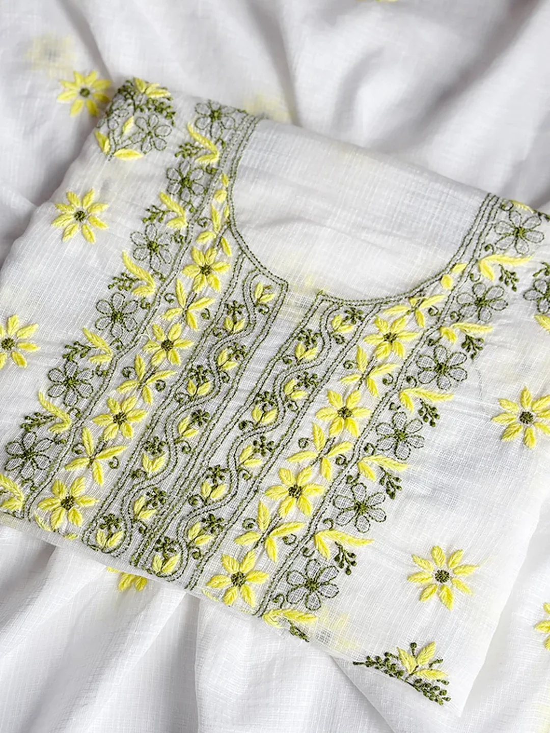 Eshani Kota Cotton Chikankari Un-stitched Kurti Piece with Dupatta - Yellow - Image 3