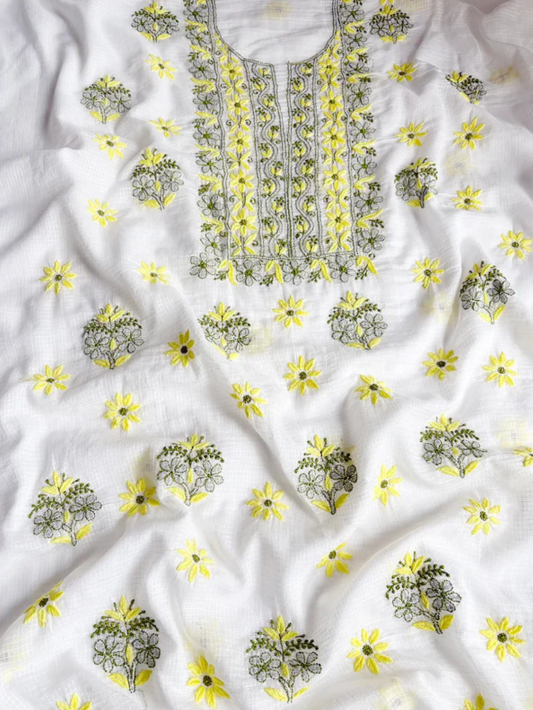 Eshani Kota Cotton Chikankari Un-stitched Kurti Piece with Dupatta - Yellow - Image 4
