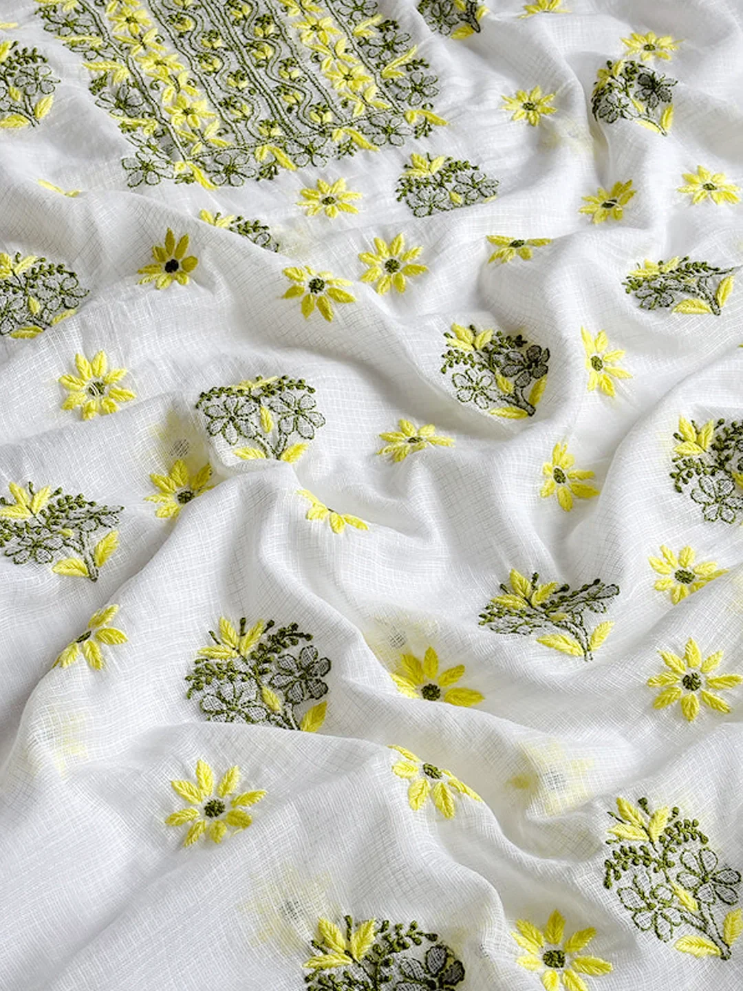 Eshani Kota Cotton Chikankari Un-stitched Kurti Piece with Dupatta - Yellow - Image 6