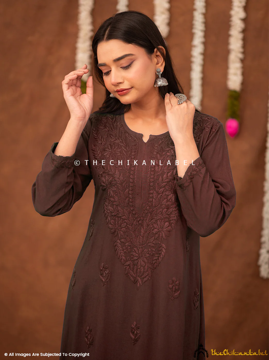 Fatima Rayon Chikankari Straight Kurti - Brown - Image 4