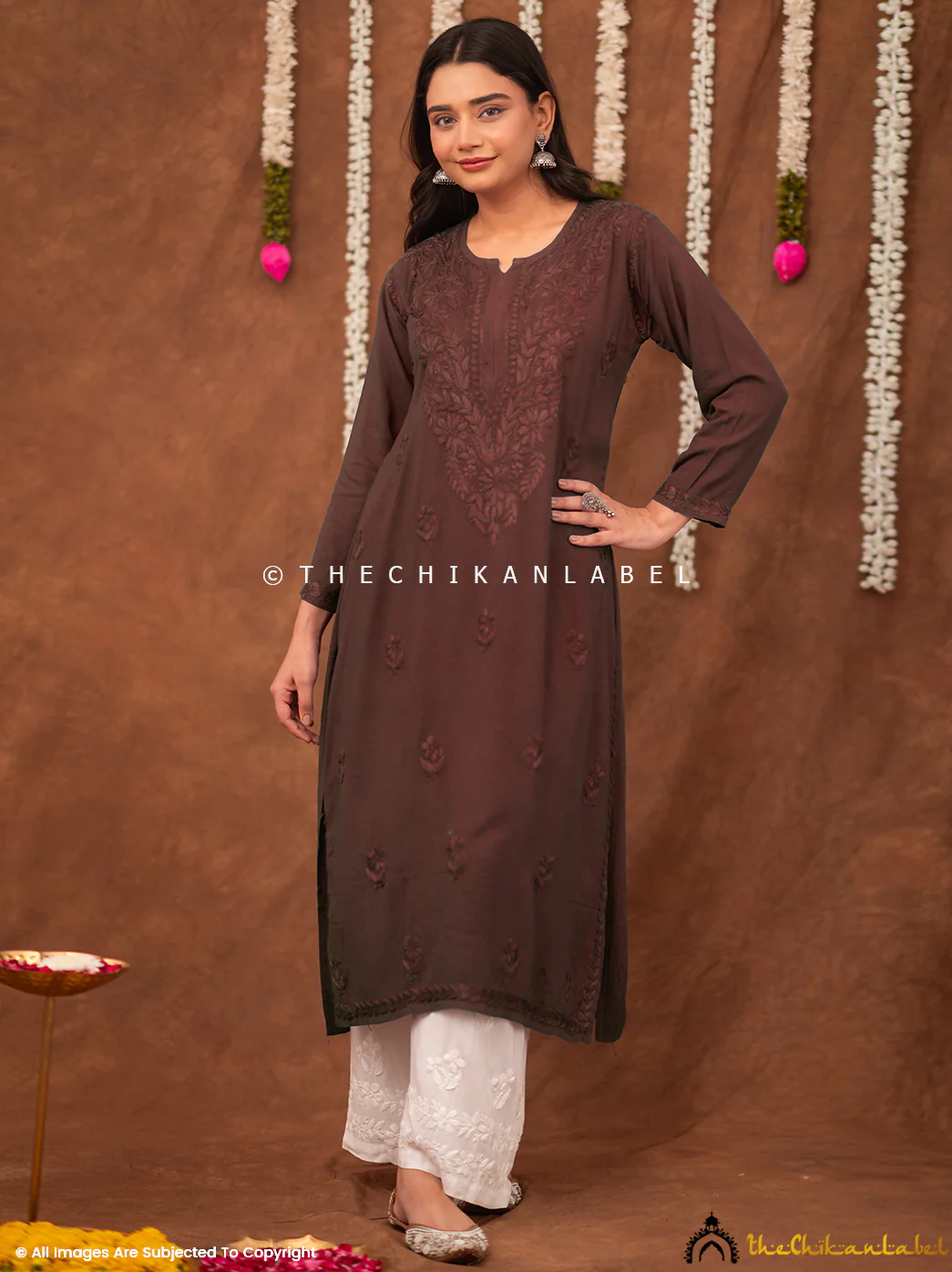 Fatima Rayon Chikankari Straight Kurti - Brown - Image 5