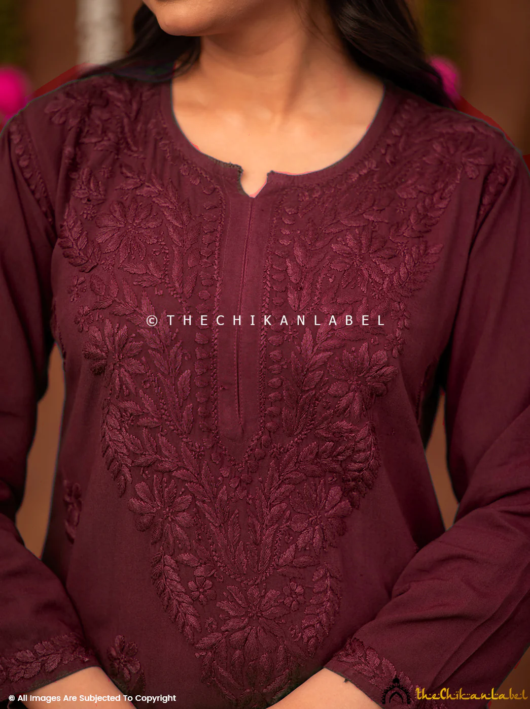 Fatima Rayon Chikankari Straight Kurti - Maroon - Image 2