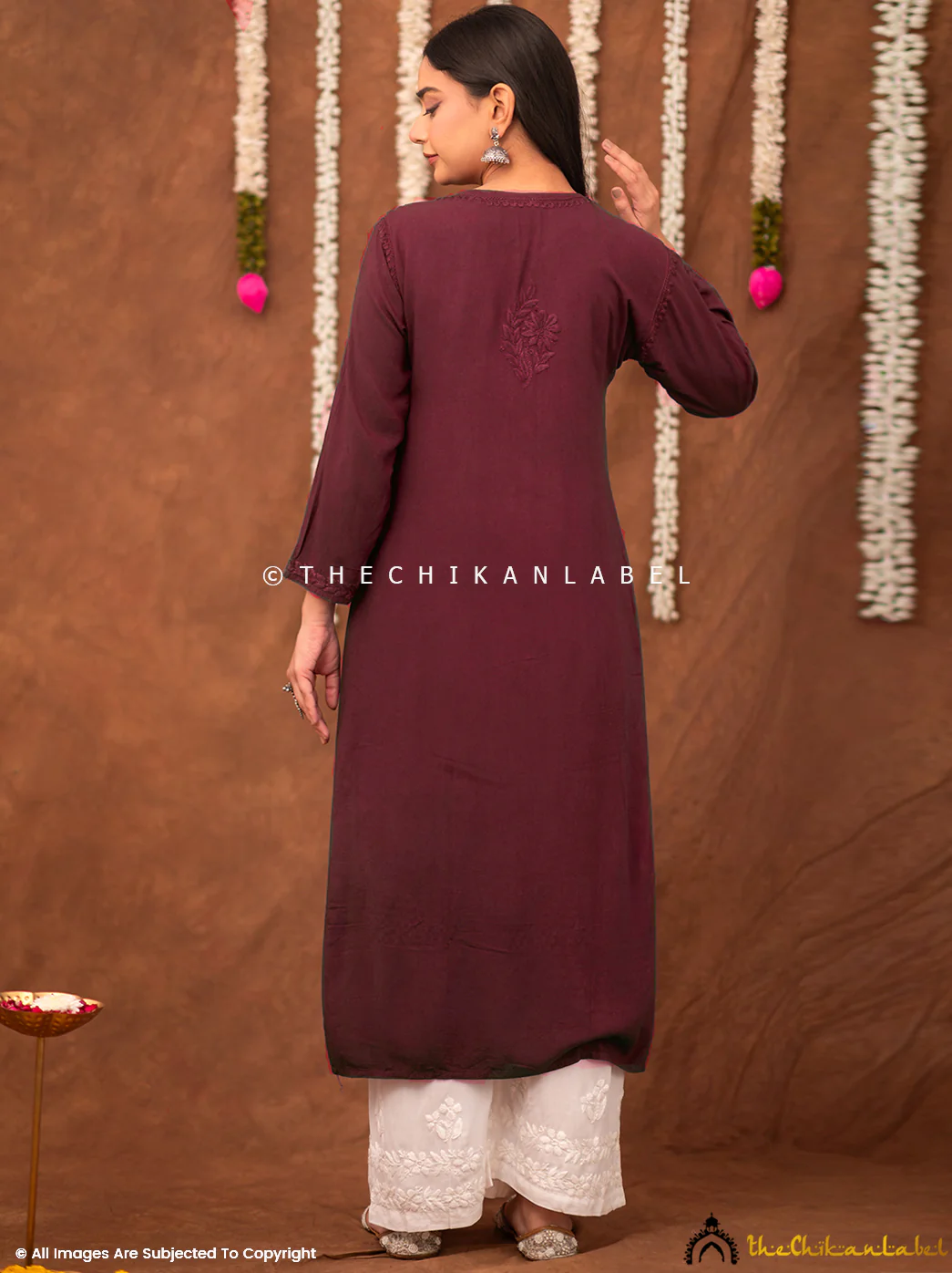 Fatima Rayon Chikankari Straight Kurti - Maroon - Image 3