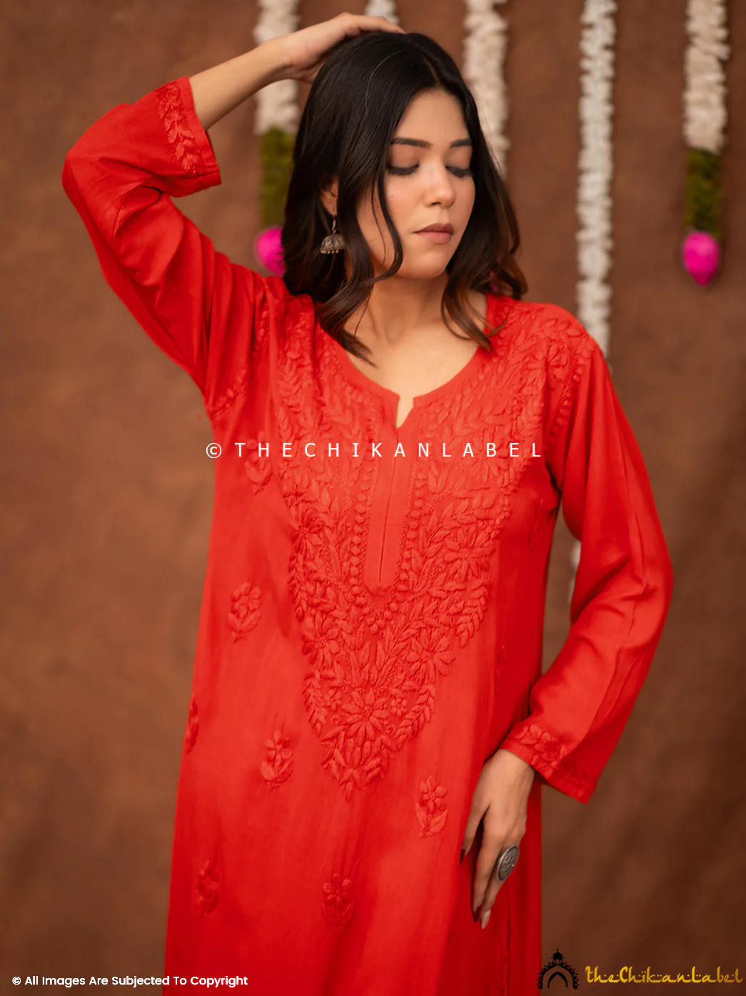 Fatima Rayon Chikankari Straight Kurti - Red - Image 4