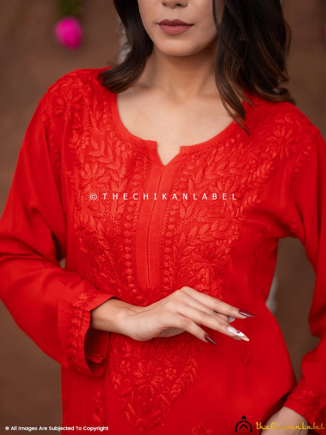 Fatima Rayon Chikankari Straight Kurti - Red - Image 5