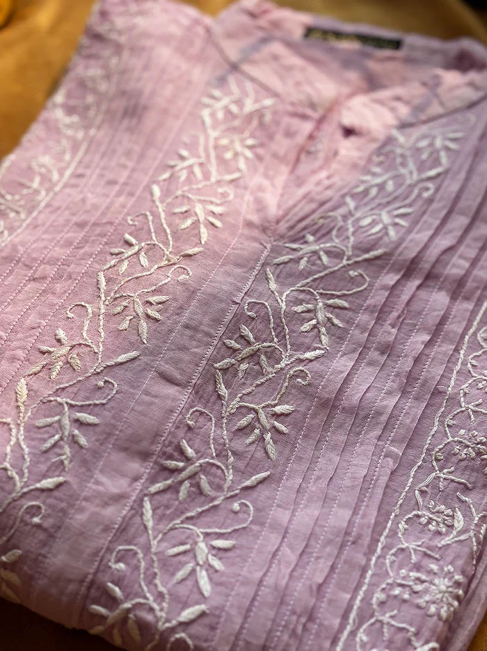 Feba Mul Chanderi Semi-Stitched Chikankari Short Kurta - Lavender - Image 2