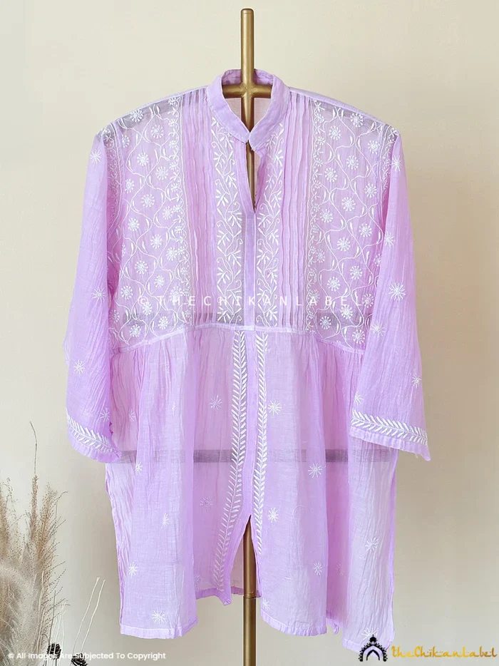 Feba Mul Chanderi Semi-Stitched Chikankari Short Kurta - Lavender - Image 3
