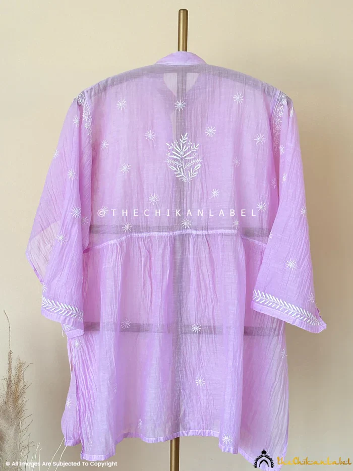 Feba Mul Chanderi Semi-Stitched Chikankari Short Kurta - Lavender - Image 4