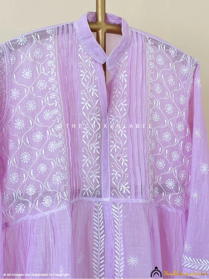 Feba Mul Chanderi Semi-Stitched Chikankari Short Kurta - Lavender - Image 5