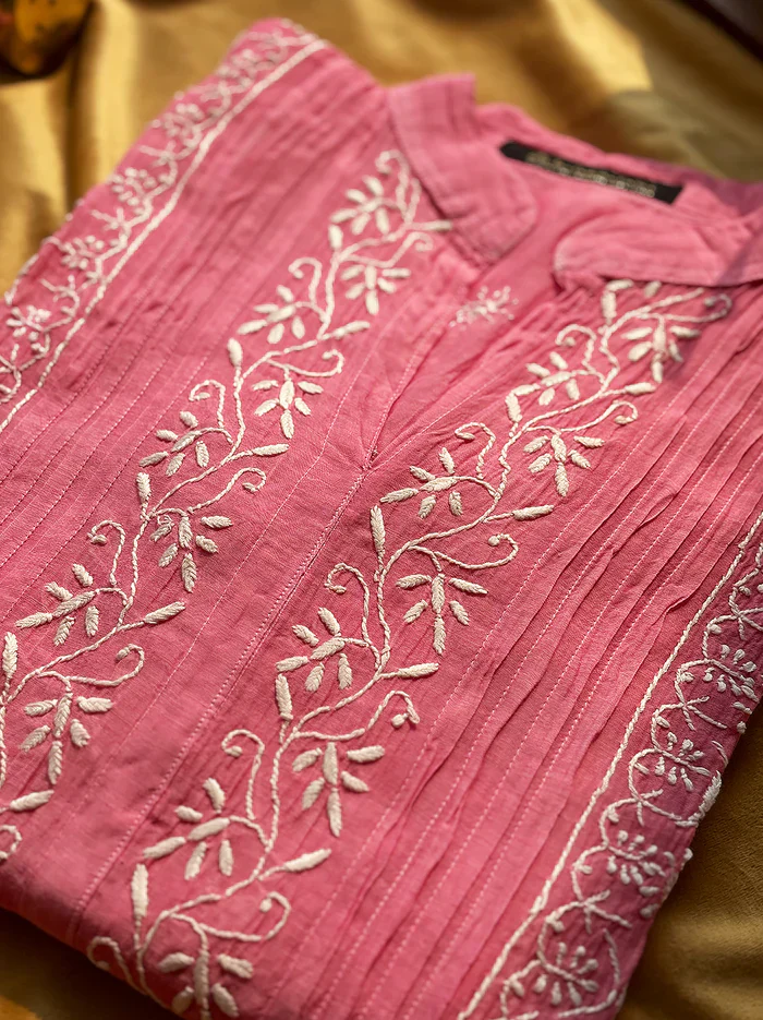 Feba Mul Chanderi Semi-Stitched Chikankari Short Kurta - Pink - Image 2
