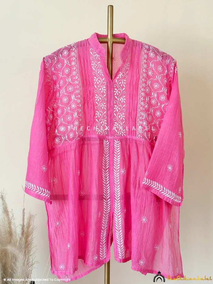 Feba Mul Chanderi Semi-Stitched Chikankari Short Kurta - Pink - Image 3