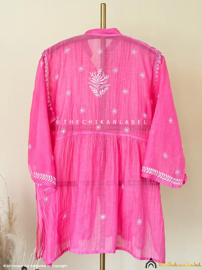 Feba Mul Chanderi Semi-Stitched Chikankari Short Kurta - Pink - Image 4