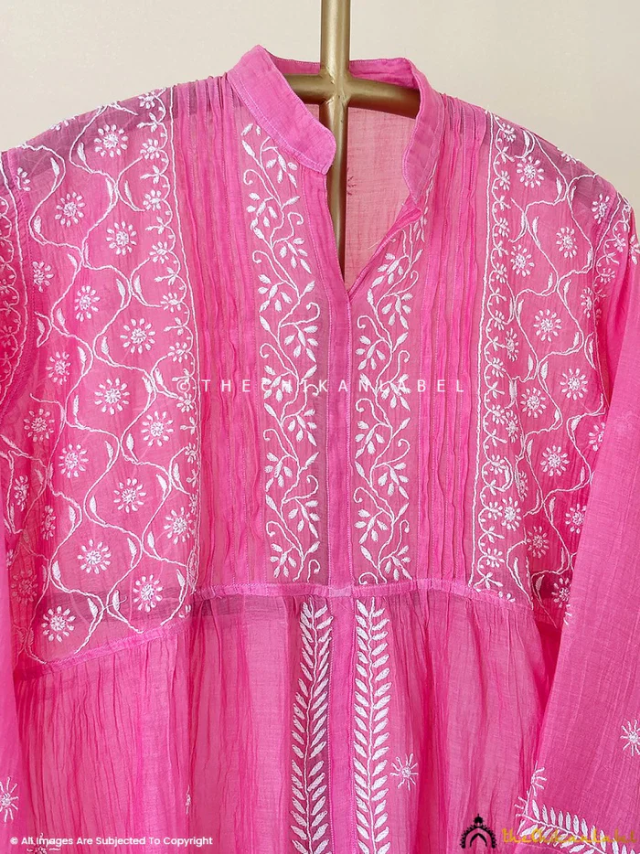 Feba Mul Chanderi Semi-Stitched Chikankari Short Kurta - Pink - Image 5