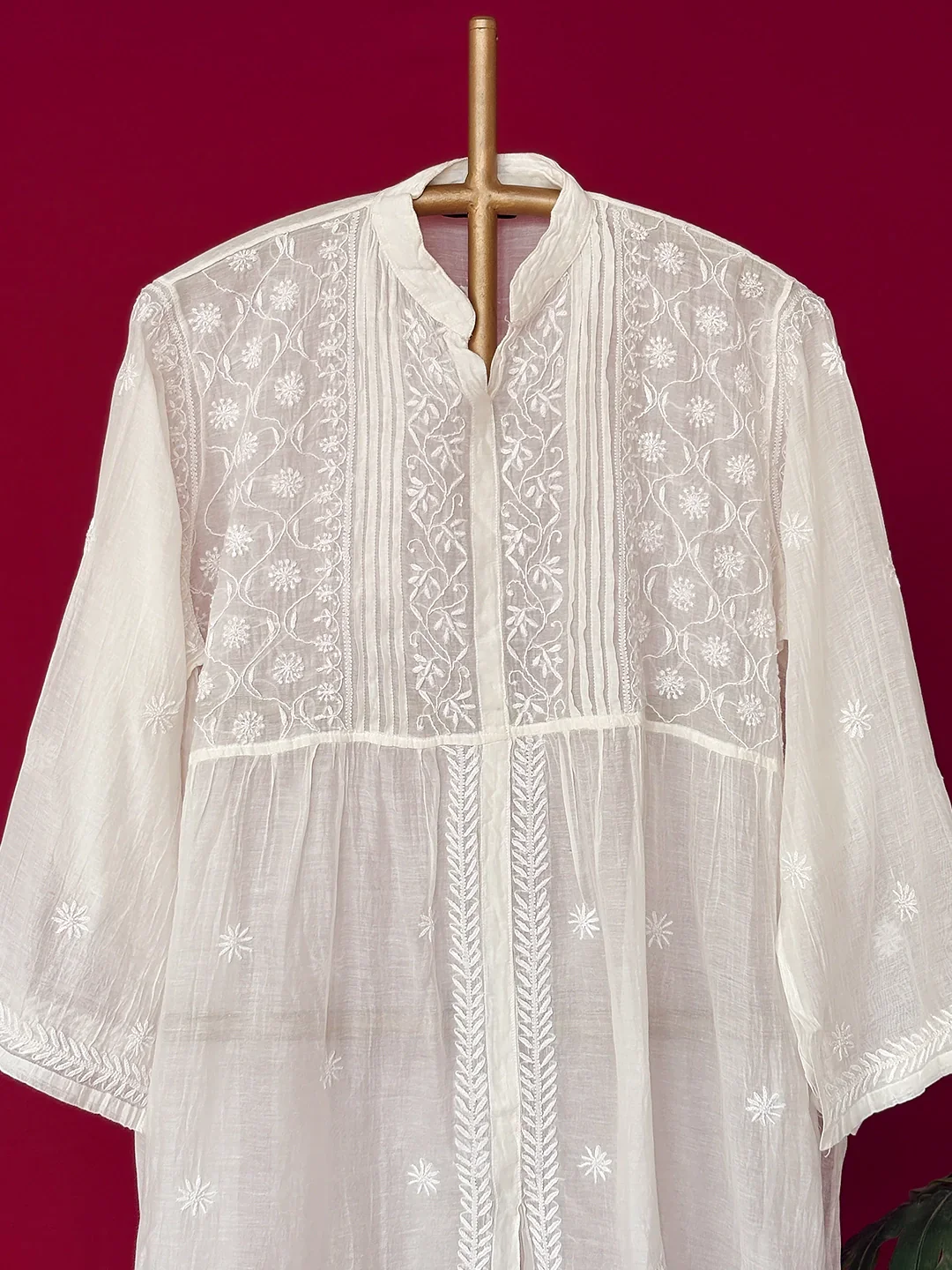 Feba Mul Chanderi Semi-Stitched Chikankari Short Kurta - White - Image 2