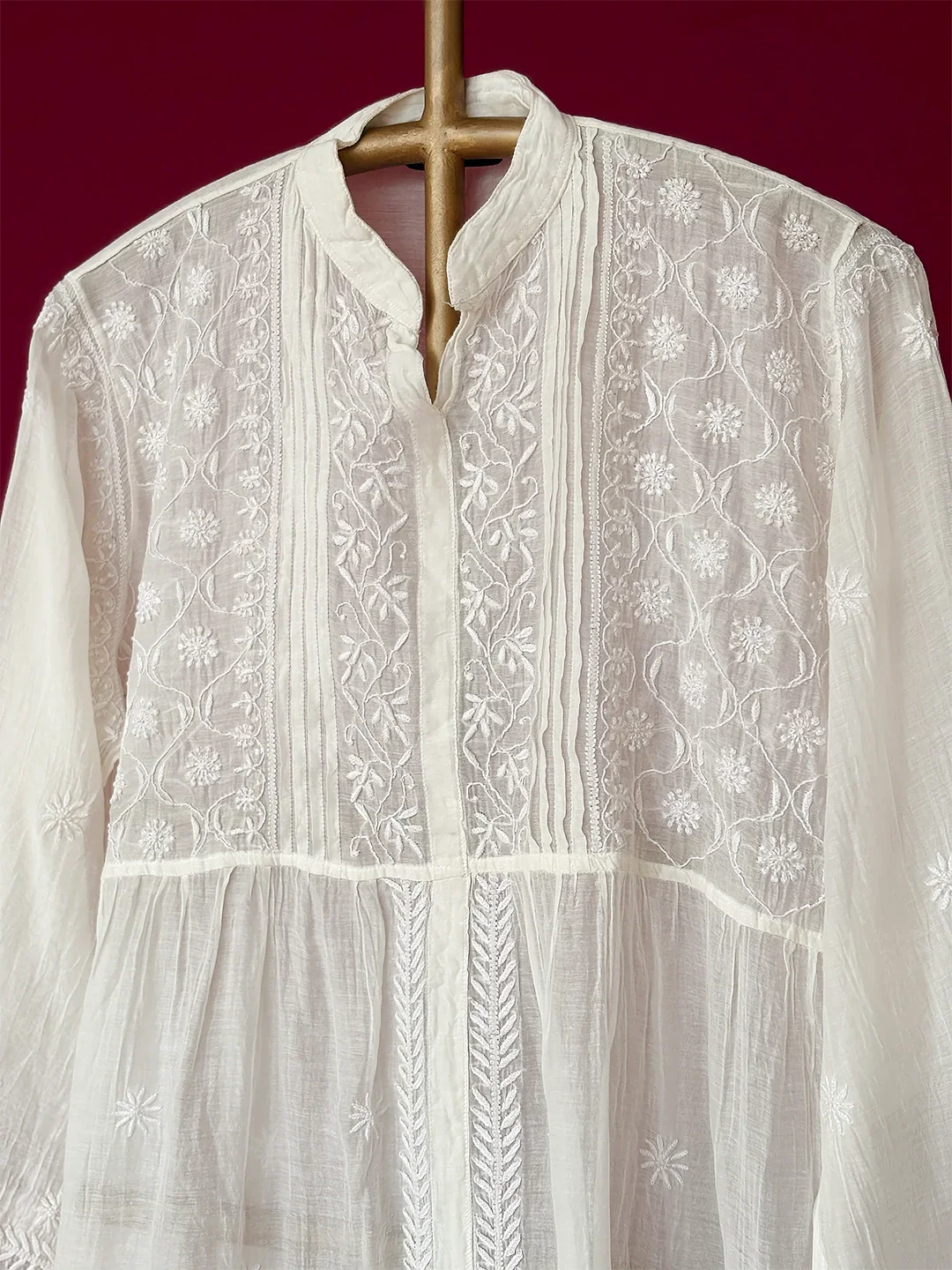 Feba Mul Chanderi Semi-Stitched Chikankari Short Kurta - White - Image 3