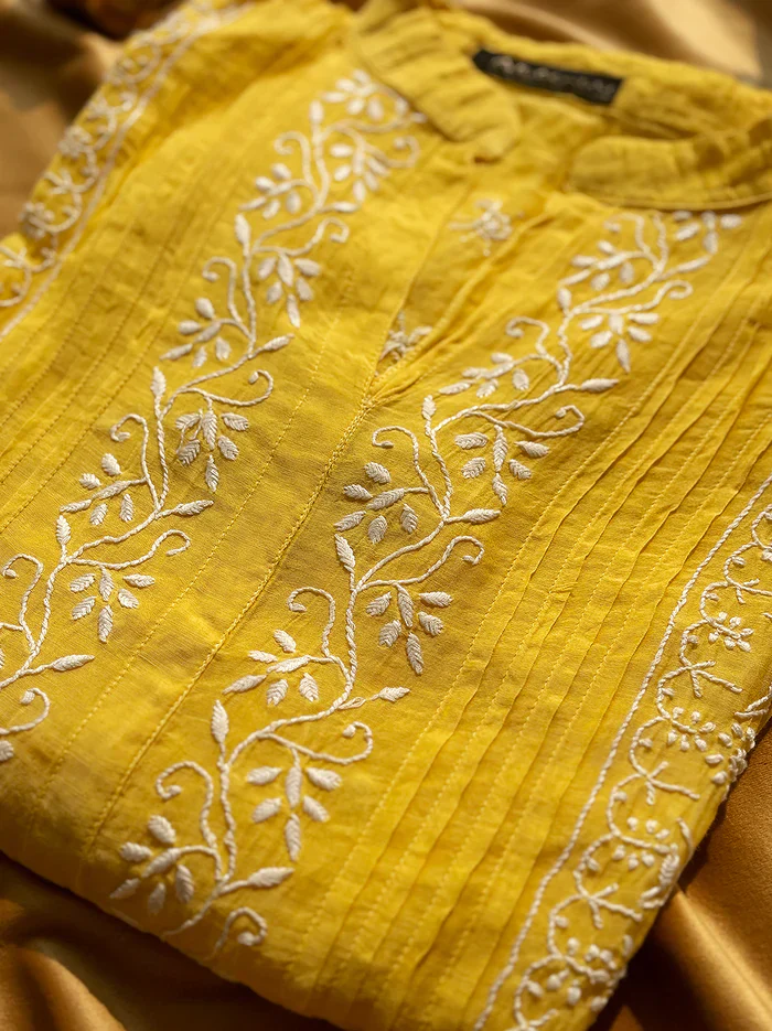 Feba Mul Chanderi Semi-Stitched Chikankari Short Kurta - Yellow - Image 2