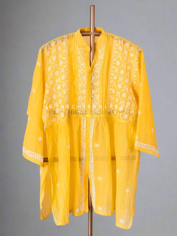 Feba Mul Chanderi Semi-Stitched Chikankari Short Kurta - Yellow - Image 3