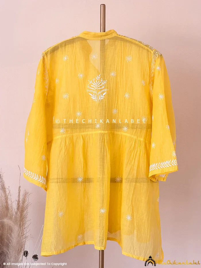 Feba Mul Chanderi Semi-Stitched Chikankari Short Kurta - Yellow - Image 4