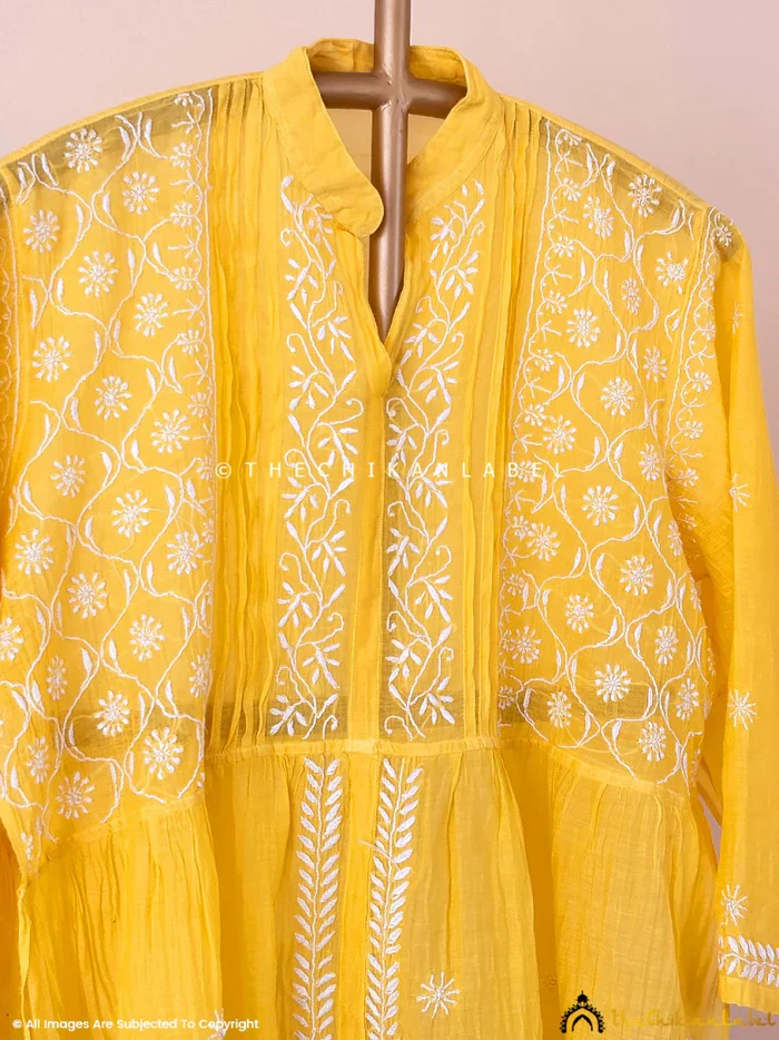 Feba Mul Chanderi Semi-Stitched Chikankari Short Kurta - Yellow - Image 5