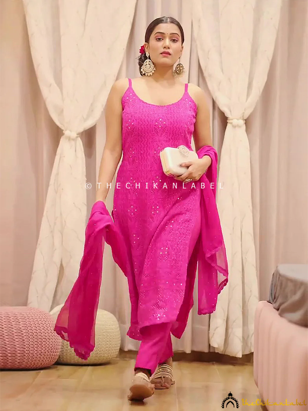 Gima Ashi Sukoon Chikankari Strappy Kurta Set - Hot Pink - Image 5