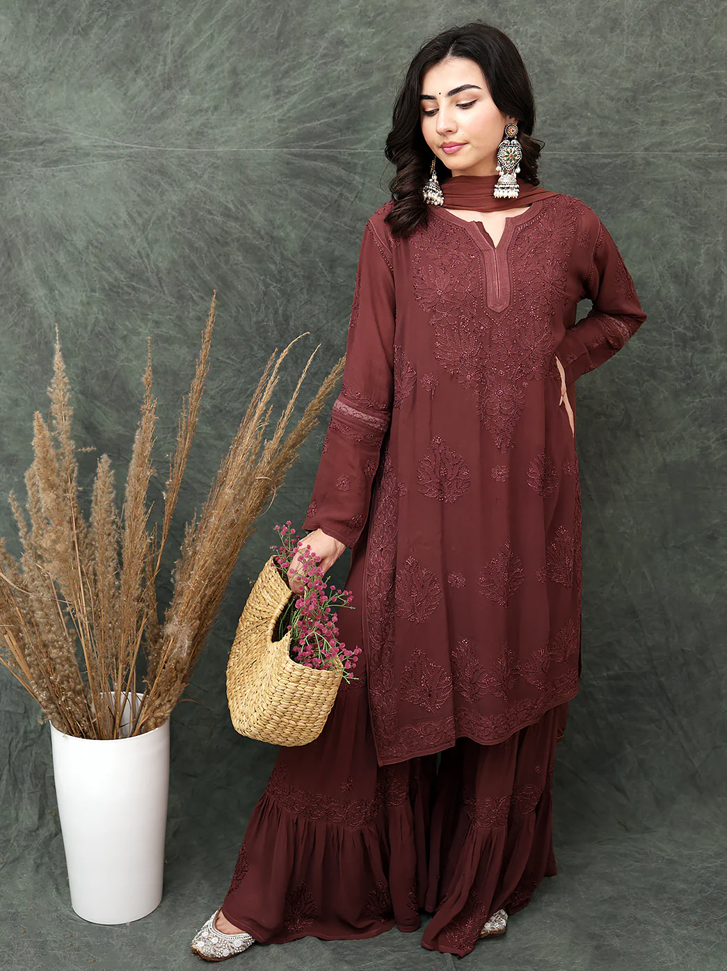 Giva Viscose Chikankari Kurti Garara Set with Dupatta - Choco - Image 3