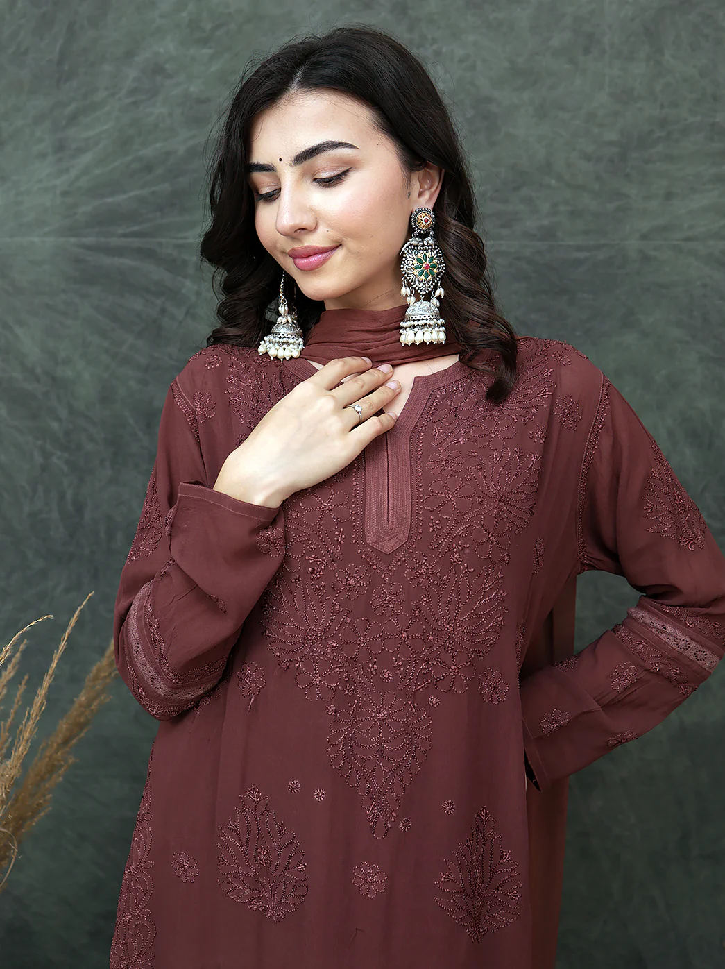 Giva Viscose Chikankari Kurti Garara Set with Dupatta - Choco - Image 4