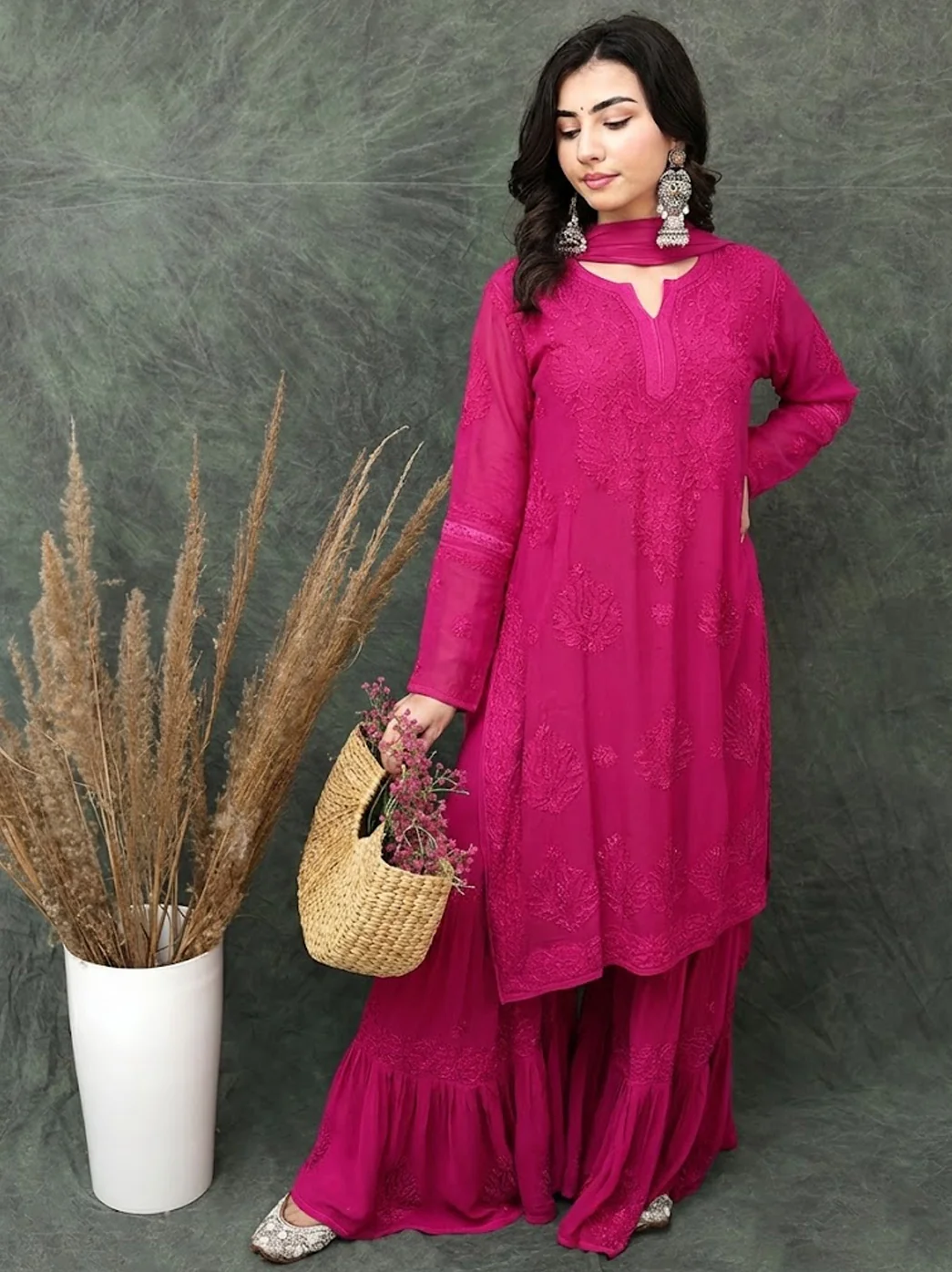 Giva Viscose Chikankari Kurti Garara Set with Dupatta - Hot Pink - Image 3