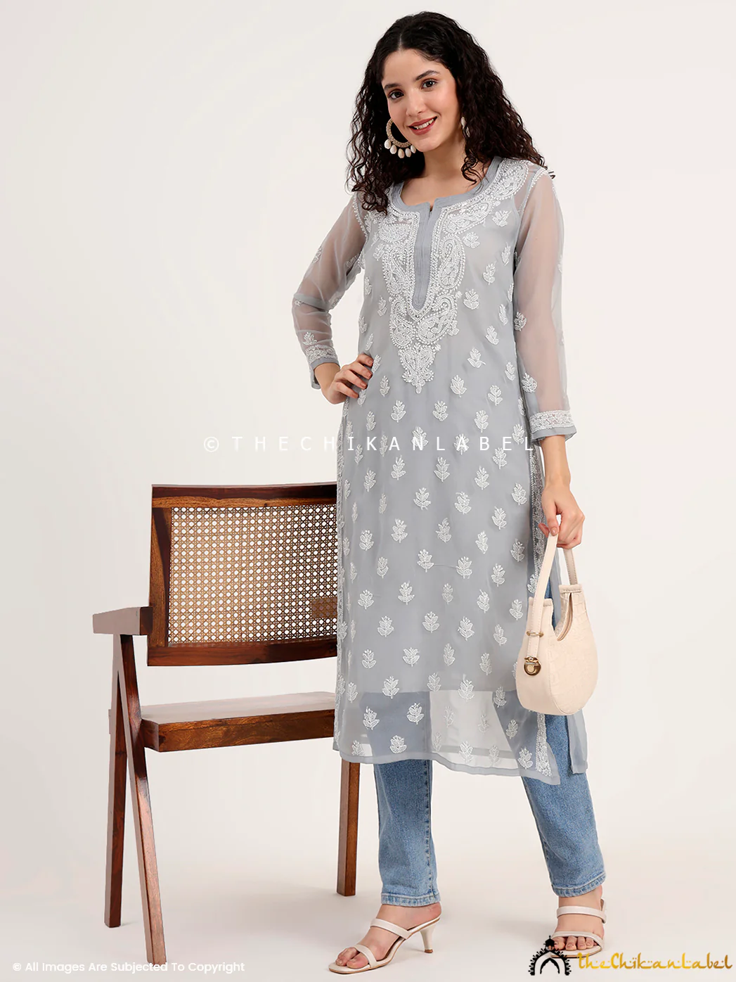 Mahak Georgette Chikankari Straight Kurti with Inner - Gray - Image 6