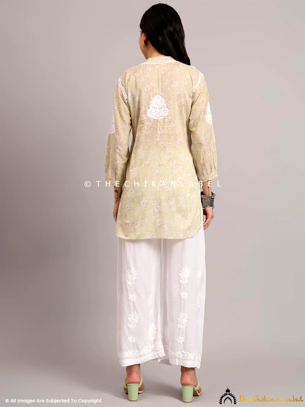 Aarini Mulmul Printed Chikankari Short Kurta - Green - Image 3